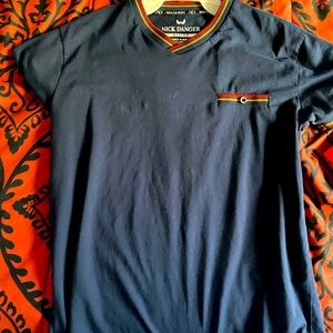 Navy, yellow, red dress shirt